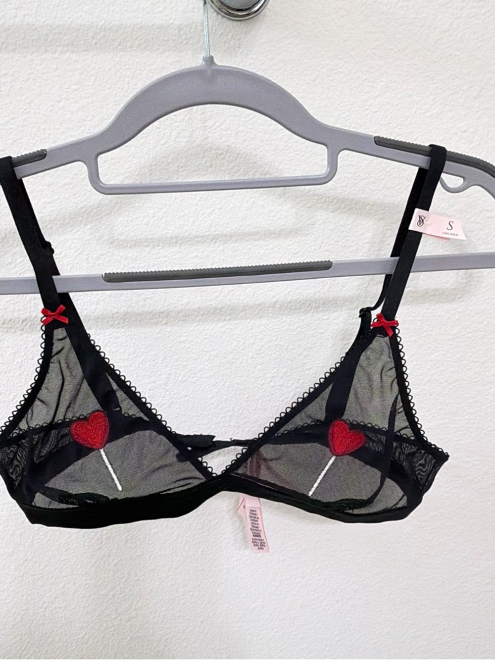 Small VS unlined Mesh Demi bra Black Embroidered Heart Lollipop - Picture 9 of 14